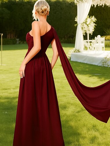  فستان تخرج بطول A-Line، فستان حفلة، فستان كوكتيل، فستان والدة العروس، بدون أكمام، كتف واحد، أنيق، عتيق، حفلة شيفون مع تجاعيد