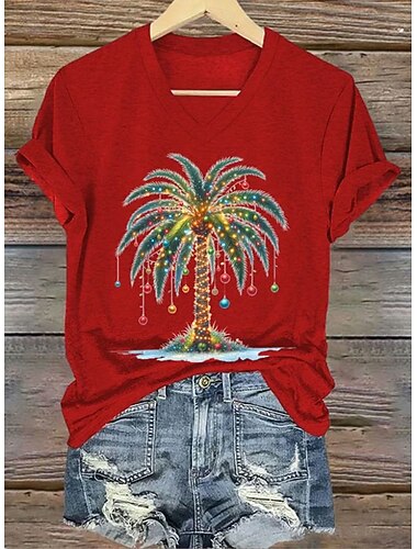  Natale Per donna Maglietta Grafico Albero di Natale Vintage Elegante Classico Manica Corta Scollo a V Top Regolari Quotidiano Stampato Blu Nero Bianco Rosso Verde Estate Primavera Autunno Inverno