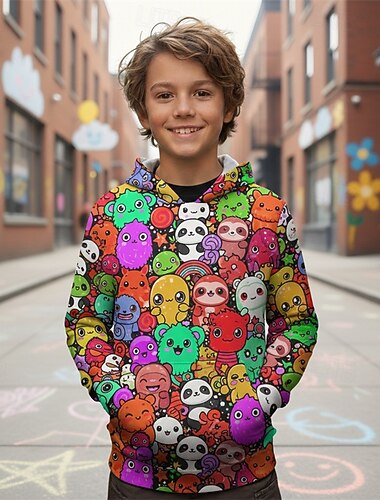  男女兼用 男の子 3D グラフィック 動物 カートゥン パーカー Pullover 長袖 3Dプリント 春 秋 スポーツ ファッション ストリートファッション 子供 4〜12年 フード付き アウトドア カジュアル 日常 レギュラー