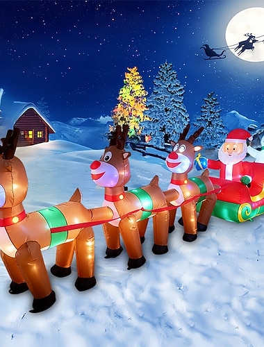  Ozdoby Świąteczne N inflatable Santa Claus w saniach zewnętrzne dekoracje nadmuchiwane 3 renifery ciągnące sanie Świętego Mikołaja z prezentami wbudowane LED do dekoracji na imprezę świąteczną w