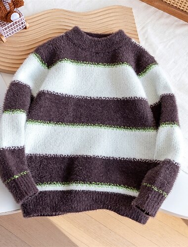  Bambini Unisex Pullover Maglione A righe Manica Lunga Tenere al caldo All'aperto Moda Blu Autunno Vestiti 4-12 Anni