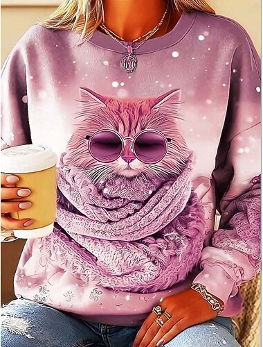  Dame Gensere Grafisk Dyr Katt Fritid Langermet Crew-hals Vanlige topper Gate Hverdag Avslappet Trykt mønster Rosa Blå Lilla Kakifarget Vår Høst Vinter