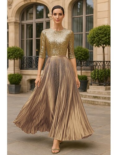  A-Linie Bodenlang Abendkleid Elegant Glitzernd Glitzern Dreiviertelarm U-Boot-Ausschnitt Gartenparty Hochzeit Satin Paillettenbesetzt mit Falten