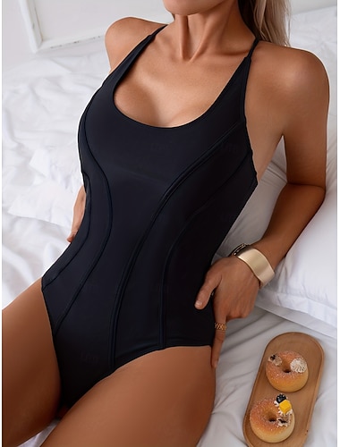  Damen Einteiler Badeanzug Schlankmachend Monokini Slips Netz Bauch Kontrolle Hohe Taille Slim Rückenfrei Elegant Urlaubs Einfarbig Halterneck Ärmellos Bademode