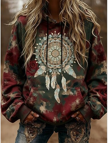  női viking pulóverek kapucnis pulóverek grafikus vintage utcai viselet hosszú ujjú kapucnis felsők mindennapi viselet lezser sport húzózsinóros zsebmintás bordó tavasz ősz