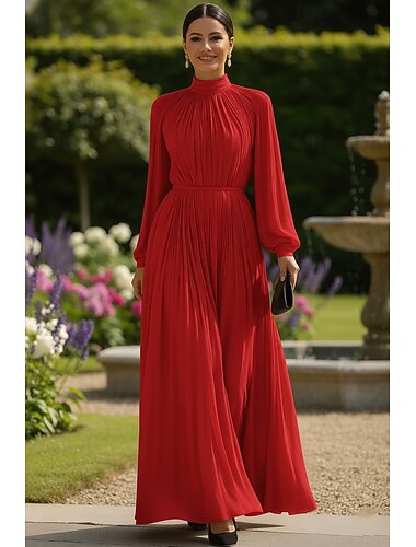  Robe de soirée A-Line rouge robe formelle élégante mariage formel longueur de sol manches longues col montant poche chiffon extensible avec plis froncés