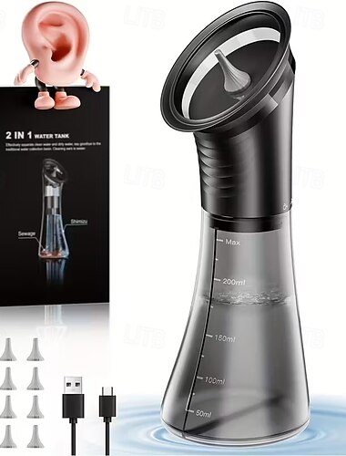  Profesjonelt elektrisk ørevoksfjerningssystem, hydraulisk ørerensesett med tre hastigheter, USB-lading, vanntemperatursensor og synlig avfallsbeholder for hjemmepleie av ørehygiene