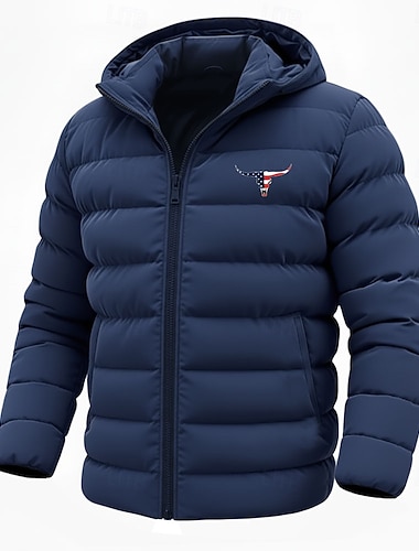  Herr USA: s flagga Ko -tryck Vinterkappa Dun Pufferjacka Håller värmen Regnsäker Lättvikt Ledigt Utomhus Dagligen Vadderad quiltad huvjacka Höst Vinter Långärmad Svart Rubinrött Kungsblå