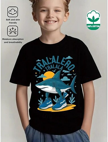  Lustiges italienisches Hirnfäule-T-Shirt für Jungen aus Baumwolle, Kurzarm, mit Cartoon-Prints von „niedlichen kleinen Hirnfäule-Hai-Schuhen“.