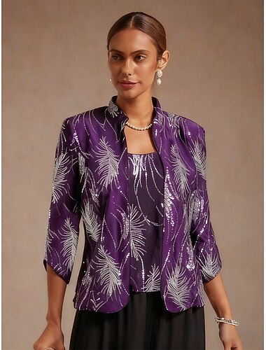  halenka Omen's twinset elegantní topy večerní topy péřové flitry elegantní 3/4 rukáv mandarínkový límec běžné topy párty večerní oblečení večerní párty flitry lilek jaro podzim zima