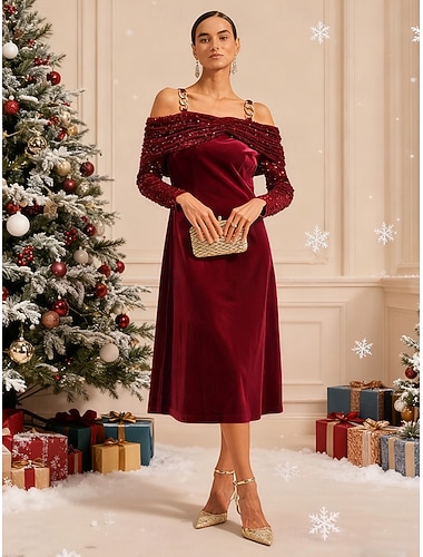  Женское рождественское платье миди с открытыми плечами, бархатное, с пайетками, элегантное, для вечеринок, коктейльных вечеринок, классический крой, однотонное, с длинным рукавом, с открытыми плечами,