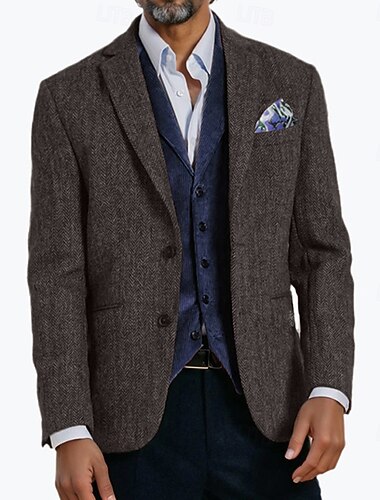 Per uomo Blazer in Tweed Colletto ad incastro Retrò Vintage Classico Spina di Pesce Blazer Marrone Vestibilità standard Monopetto Due Bottoni