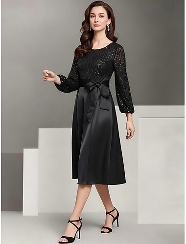  A-linja Polvipituinen Musta mekko Satiini mekko Pitkähihainen Tiukka pyöreä kaula-aukko Kauha Tyylikäs Vintage Pikkumusta Muodollinen Häävieras Satiini Joustava satiini Morsiammen äidin asu kanssa