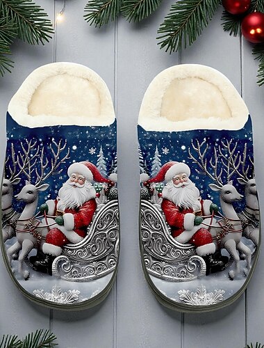  Herre juletøfler med julemotiv - vinterlandskap med julenissen, myke fleecefôrede tøfler for koselige kvelder, julefester og komfort innendørs