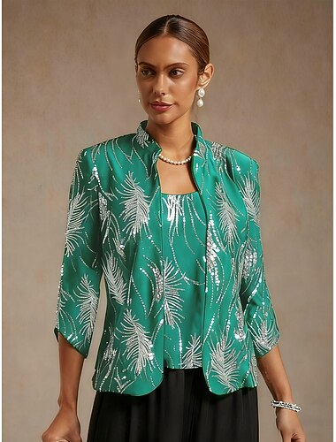  レディース ツインセット ブラウス ドレッシーなトップス イブニングトップス フェザー スパンコール エレガント 7分袖 マンダリンカラー レギュラートップス パーティー イブニングウェア イブニングパーティー スパンコール ティール 春 秋 冬