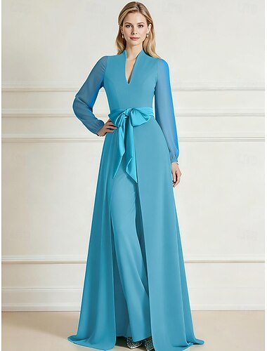  Combinaisons Traîne Balayage Robe à jupe manche longue Col en V Élégant Simple Formel robe demoiselle d honneur Tissu Extensible Robe de Mère de Mariée  avec Noeud(s)
