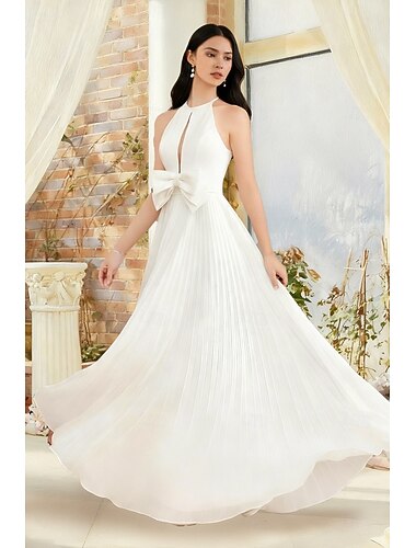  Salle Dos Nu Robes de mariée Ligne A Col Halter Sans manches Longueur au sol Chiffon Robes de mariée Avec Noeud(s) Plis