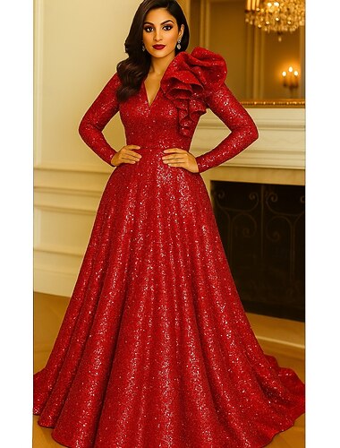  A-linja Kokopitkä Iltapuku Ball Gown Tyylikäs Kimalteleva Kimaltava Pitkähihainen V kaula-aukko Muodollinen Häät Tasku Paljetein koristeltu kanssa Kimalle