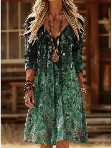  Dame Mini kjole Solkjole Kjole med A-linje Sommerkjole Fritid Ferie Stevnemøte Normal Grafisk Geometrisk Langermet V-hals Lysegul Lysegrønn Grønn Vår Høst