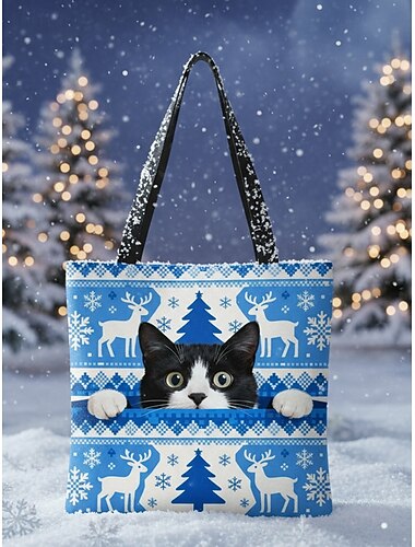  Juleveske til dame, grønt snøfnugg og Fair Isle-mønster, polyesterflokkmateriale, festlig ingefærkattdesign, julehandels- og gavepose