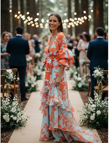  Robe invitée de mariage A-Line longueur sol robes formelles robe de soirée robe mère de la mariée manches longues décolleté en V fête invitée mariage avec imprimé