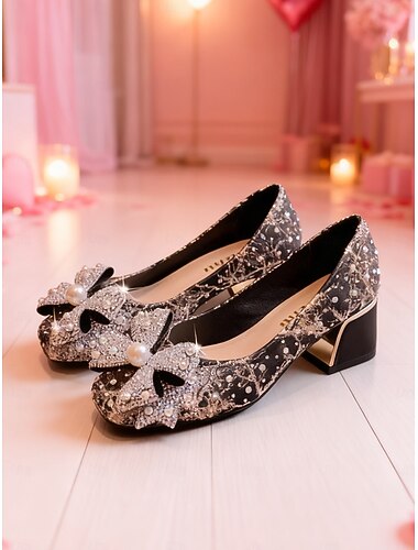  حذاء نسائي أنيق بكعب سميك مزين باللؤلؤ - تفاصيل دانتيل مع فيونكة ولمسة من اللؤلؤ، مثالي لحفلات الزفاف والحفلات والمناسبات الخاصة