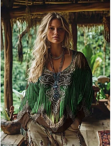  בגדי ריקוד נשים חולצת טריקו של בוהו גראפי גיאומטרי מופשט אלגנטית בוהמיה וינטאג' שרוול ארוך צווארון V חולצות רגילות יומי סוף שבוע הדפסת תלת מימד תלתן קיץ אביב סתיו חורף