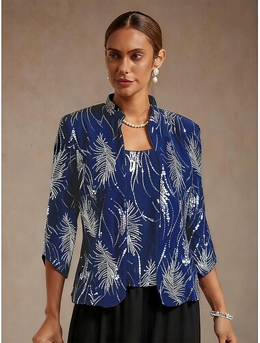  レディース ツインセット ブラウス ドレッシーなトップス イブニングトップス フェザー スパンコール エレガント 7分袖 マンダリンカラー レギュラートップス パーティー イブニングウェア イブニングパーティー スパンコール ロイヤルブルー 春 秋 冬