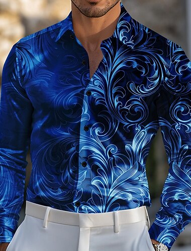 Miesten Paisley-kuvio Kukkapainatus Kaltevuusväri Paita Satiini paita Pukupaita Pitkähihainen Vintage retro Loma Arkikäyttö Kesä Kevät Syksy Sänkyjen avaus 3D-tulostus Napitettavat paidat Sininen