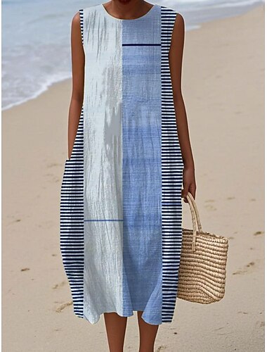  Γυναικεία Μίντι φόρεμα Φόρεμα για τον ήλιο Φόρεμα ριχτό Φόρεμα σε γραμμή Α Διακοπές Καθημερινό Μπόχο Εξόδου Παραλία Χαλαρή Εφαρμογή Γραφική Γεωμετρικό Αμάνικο Λαιμόκοψη Θαλασσί Κίτρινο Πορτοκαλί