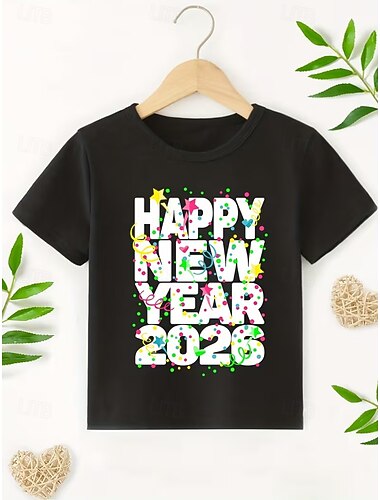  katoenen kinderkleding jongens 2026 nieuwjaarsfeest zwart rood grafische letter &nummer t-shirt blouse ronde hals korte mouw outdoor dagelijks gebruik mode streetwear designer print zomer