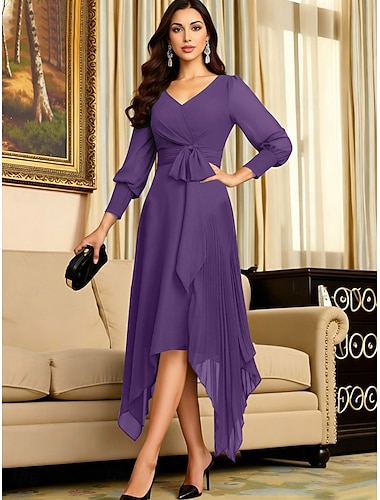  А-силуэт Асимметричное Ниже колена Платье для вечеринки Коктейльные платья Свадебное платье для гостей Платье для матери невесты Длинный рукав V-образный вырез Элегантный стиль минималист