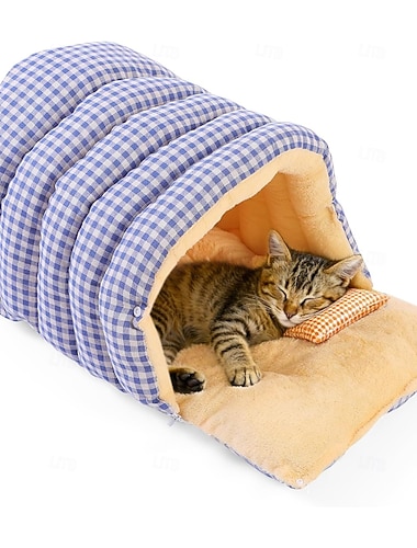  Großer, karierter Katzenschlafsack, plüschiges, dickes Katzenbett für drinnen, niedliche, karierte Haustierhöhle, abnehmbares, warmes Winter-Welpenbett für kleine, mittlere und große Hunde