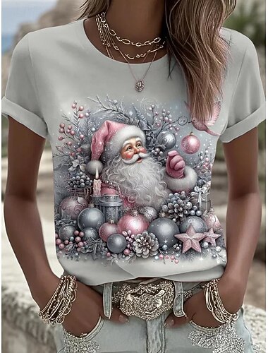  クリスマス 女性用 Tシャツ グラフィック クリスマス ヴィンテージ スタイリッシュ クラシック 半袖 クルーネック ラウンドネック レギュラートップス 日常 プリント ブルー ブラック ホワイト ピンク ルビーレッド 夏 春 秋 冬