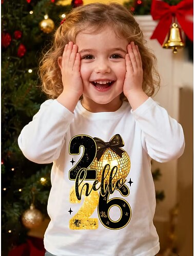 女の子用 2026年 新年パーティー 3Dグラフィック レターTシャツ ティーシャツ 長袖 3Dプリント 春 秋 スポーツ ファッション ストリートウェア キッズ 4～12歳 クルーネック アウトドア カジュアル デイリー レギュラーフィット
