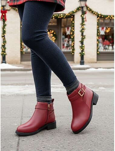  Ghete vișinii pentru femei cu cataramă - ghete din piele ecologică, ținute casual elegante de zi cu zi, ideale pentru stilul stradal de Crăciun și ieșirile de sărbători