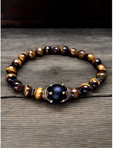  Men's Natural Stone Bracelet – Adjustable Beaded Design with Crown Detail, Available in Multiple Colors, Perfect for Casual Wear and Special Occasions