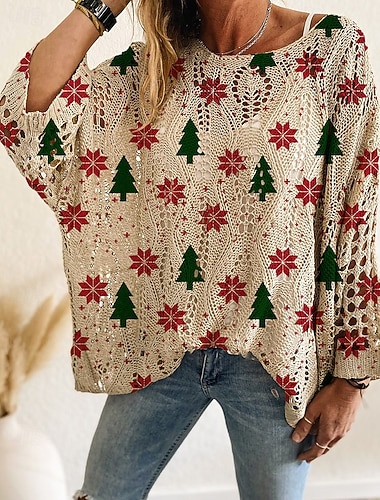  Dámský svetr pulovr vintage vánoční dárek ošklivý svetr módní grafický odhalená ramena dutý pletený potisk netopýří rukáv dlouhý rukáv běžný top pletený denní sváteční modrá vínová červená podzim zima