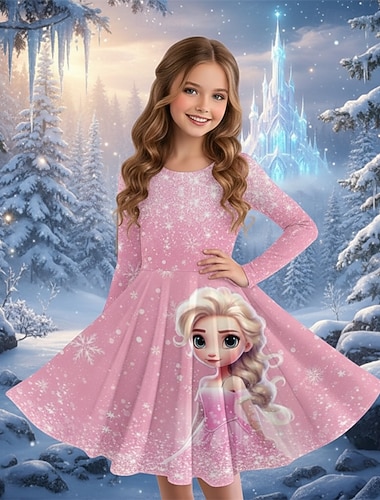  Jenter' 3D Grafisk Animé Kjole Langermet 3D-utskrift Vår Høst Ytelse Feriereise Fest Fritid Prinsesse Vakker Barn 4-12 år Uformell kjole Kjole med A-linje Knelang Normal