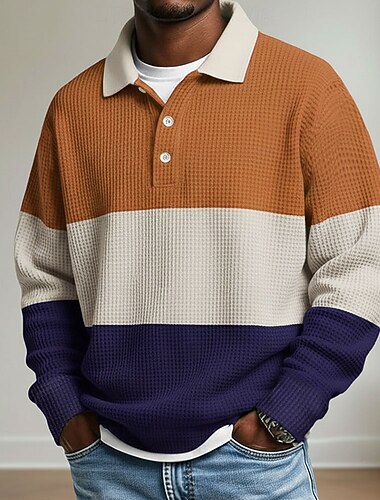  Férfi Csíkos Gofris pólóingek Rugby Polo Hosszú ujj Pólóingek Galléros ingek Alkalmi Sportruházat Hétköznapi viselet Gombok Tavasz Ősz Tél Medence Rubin Narancssárga