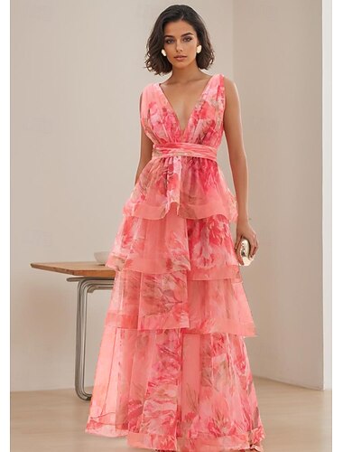  A-Linie Bodenlang Abendkleid Elegant Ärmellos V Ausschnitt Gartenparty Hochzeit Organza mit Blumenmuster Falten Rüschen