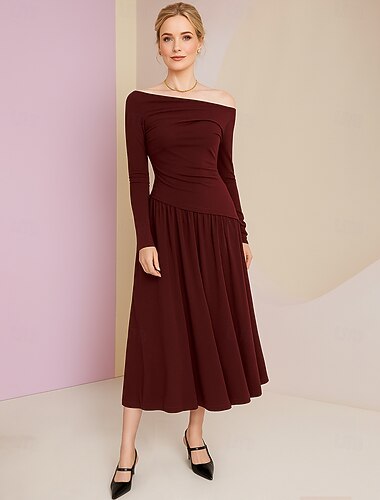  A-linje Ankellengde Cocktail Kjole Langermet Båthals Elegant Årgang Fest Bomullsblanding Polyester Kjole til brudens mor med Plissert