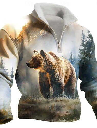  Voor heren dier Beer Fleece Sweatshirt Modieus Casual 3D Opstaand Kwart ritssluiting Buiten Vakantie Lahja Streetwear blauw Grijs Grijs 2 Halve rits Herfst Winter Ontwerper S M L XL XXL XXXL