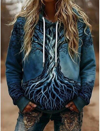  női viking pulóverek kapucnis pulóverek grafikus vintage lezser hosszú ujjú kapucnis normál felsők mindennapi viselet lezser sport húzózsinóros zsebes mintás kék zöld tavasz ősz