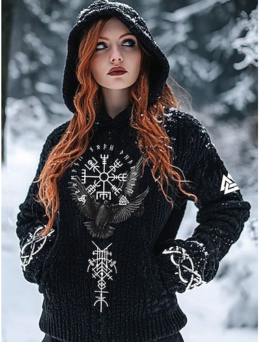  レディース バイキング ヴィンテージ セーター ヴィンテージ デイリー エスニックスタイル グラフィック フード付き フード付き 長袖 レギュラー トップス ニット デイリー ホリデー ブラック 春 秋