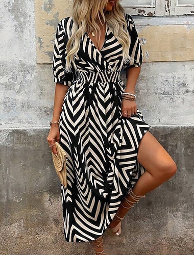  Damen Langes Kleid Maxikleid Freizeitkleid Druckkleid Elegant Mode Modern Täglich Ferien Ausgehen Normale Passform Gestreift Langarm V Ausschnitt Blau Schwarz Wein Grün Sommer