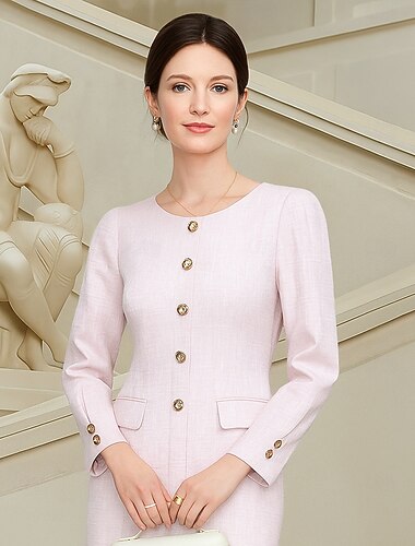  Havfrue Te-lengde Cocktail Kjole Langermet Crew-hals Elegant Årgang Fest Polyester Kjole til brudens mor med Knapper