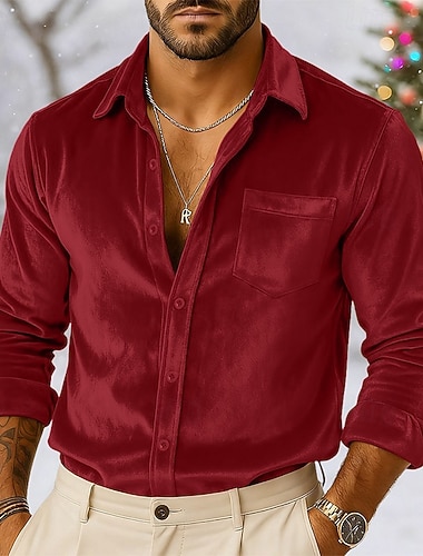  Herren Hemd Freizeithemd Weihnachts-Shirt Samthemd Wein Königliches Blau Braun Grün Langarm Einfarbig Einfach Hemdkragen Karneval Weihnachten Tasche Bekleidung Samt Weihnachten Elegant Warm Aktiv