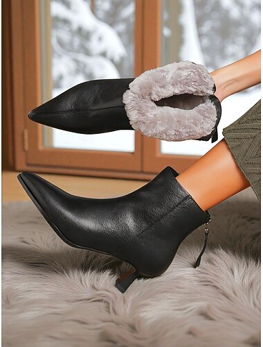  Women's Black Faux Leather Ankle Winter Boots with Fur Trim and Stiletto Heel, Chic and Cozy Style, Perfect for Winter, Office Outings and Holiday Parties