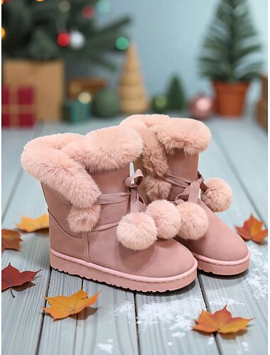  Botas rosas de mujer con pompón de piel sintética: botas de invierno cómodas con lindos detalles de lazo, ideales para Navidad, fiestas y uso diario.